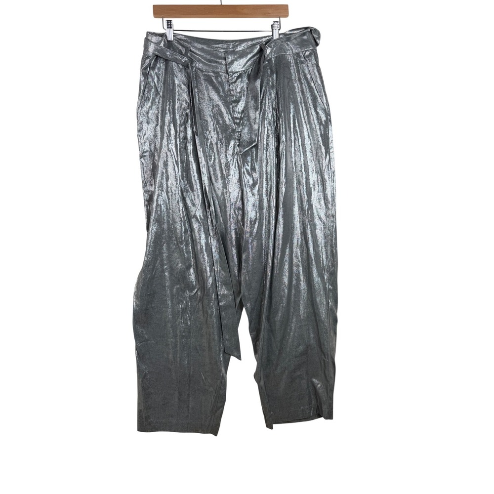 Eloquii Women's Metallic Pleated Wide Leg Belted Trouser Pants size 14 Silver